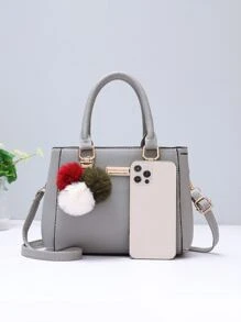 1 pieza Bolso de mano de moda multicapa, bolso de mujer de unicolor, bolso bandolera con colgante de pompón de peluche, diseño de doble asa superior, decorado con bola de peluche y detalles metálicos, bolso bandolera de PU para mujer, regalo del Día de la Madre