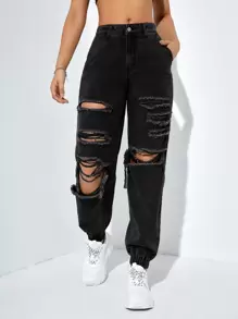 SHEIN EZwear Ripped Cut Out Jogger Jeans Y2k - Black - View 1
