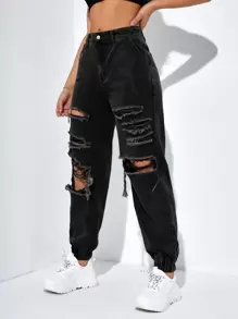 SHEIN EZwear Ripped Cut Out Jogger Jeans Y2k - Black - View 3