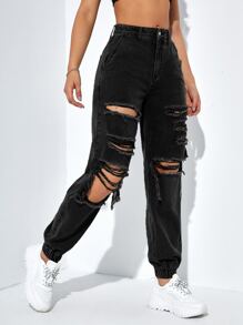 SHEIN EZwear Ripped Cut Out Jogger Jeans Y2k - Black - View 4