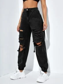 SHEIN EZwear Ripped Cut Out Jogger Jeans Y2k - Black - View 5