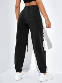 SHEIN EZwear Ripped Cut Out Jogger Jeans Y2k - Black - View 6