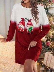 Colourblock Christmas Print Tee Dress Without Hat - Red and White - View 4