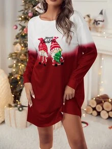 Colourblock Christmas Print Tee Dress Without Hat - Red and White - View 5