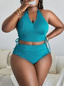 SHEIN Swim 大码单色比基尼套装抽绳侧吊带上衣和高腰比基尼两件套比基尼夏季海滩 - 青碧色 - 查看 1