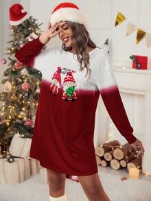 Colourblock Christmas Print Tee Dress Without Hat - Red and White - View 6