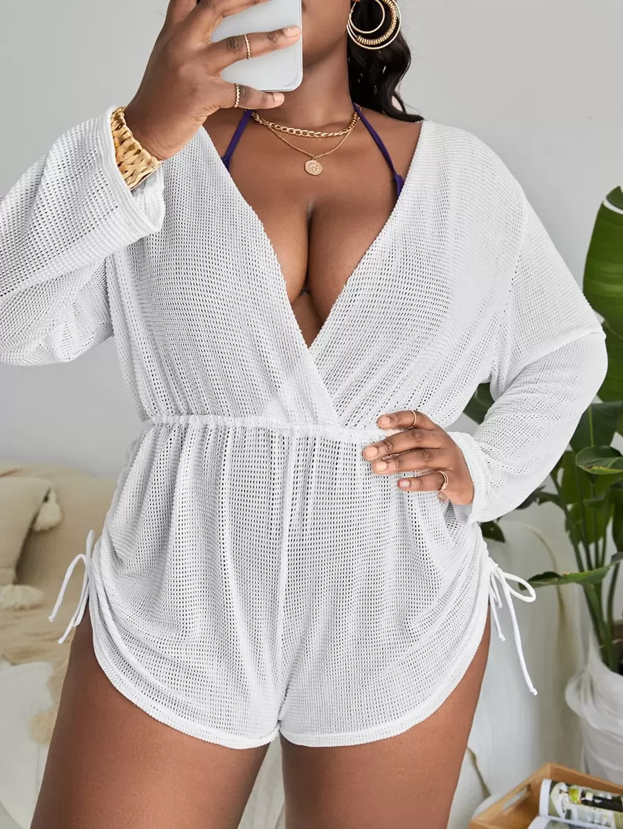 Slaydiva Summer Beach Plus Drawstring Side Cover Up Romper Without Bikini - White - View 1