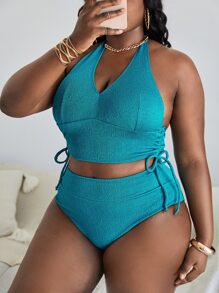SHEIN Swim 大码单色比基尼套装抽绳侧吊带上衣和高腰比基尼两件套比基尼夏季海滩 - 青碧色 - 查看 3