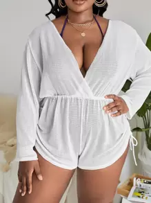 Slaydiva Summer Beach Plus Drawstring Side Cover Up Romper Without Bikini - White - View 4