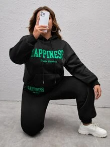 SHEIN EZwear 大碼字母圖案袋鼠口袋落肩袖抽繩連帽衫和運動褲 - 黑色 - 查看 1