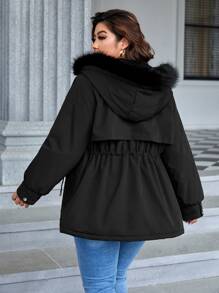 SHEIN Essnce Plus Drawstring Waist Fuzzy Trim Hooded Parka Coat - Black - View 2