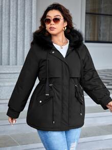 SHEIN Essnce Plus Drawstring Waist Fuzzy Trim Hooded Parka Coat - Black - View 3