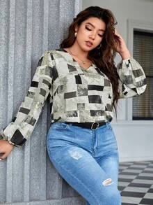 EMERY ROSE Plus Geo Print Lantern Sleeve Blouse - Multicolor - View 6