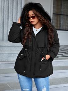 SHEIN Essnce Plus Drawstring Waist Fuzzy Trim Hooded Parka Coat - Black - View 5