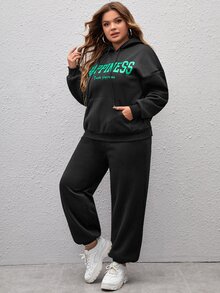 SHEIN EZwear 大碼字母圖案袋鼠口袋落肩袖抽繩連帽衫和運動褲 - 黑色 - 查看 5