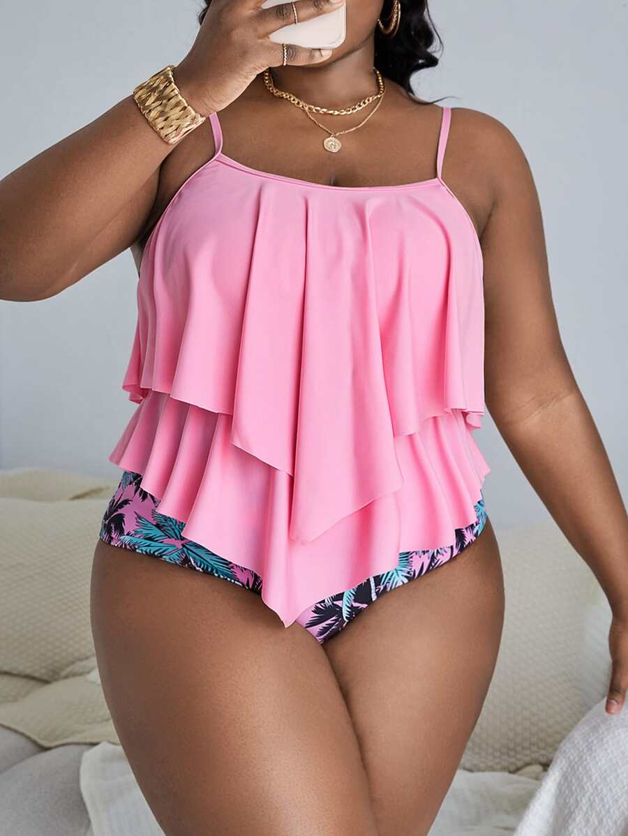 Swim Lushoire طقم سباحة كبير الحجم بطبعة استوائية ذو خصر عالي وذيل مندفع مناسب للشاطئ الصيفي - وردي - مشاهدة 1