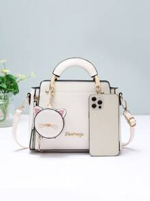 防水、輕巧、商務休閒字母裝飾方形包帶包飾適合青少年女孩女大學生、菜鳥和白領非常適合辦公室、大學、工作、商務、通勤 - 白色 - 查看 3