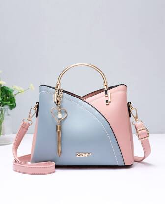 彩色對比手袋女式流蘇裝飾斜挎袋頂環辦公工作錢包彩塊書包,流行金屬流蘇裝飾斜挎袋,女式頂環錢包彩色對比手袋女式流蘇裝飾斜挎袋,頂環辦公工作錢包