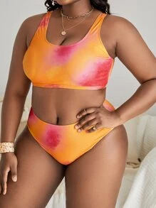 Plus Size Tie Dye Bikini Set With Kimono Summer Beach - Orange - View 5