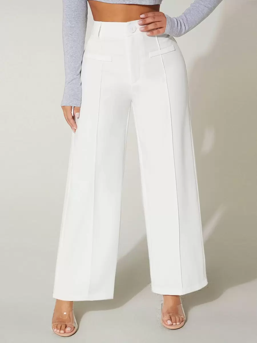 SHEIN PETITE Pantalones tipo vestido de cintura alta y pierna ancha para verano - Blanco - Ver 1