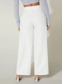 SHEIN PETITE Pantalones tipo vestido de cintura alta y pierna ancha para verano - Blanco - Ver 2