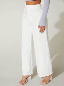 SHEIN PETITE Pantalones tipo vestido de cintura alta y pierna ancha para verano - Blanco - Ver 4