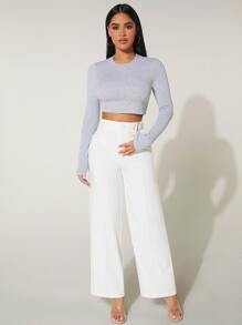 SHEIN PETITE Pantalones tipo vestido de cintura alta y pierna ancha para verano - Blanco - Ver 6