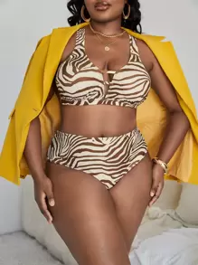 SHEIN Swim Vcay Plus Size Zebra Stripe High Waisted Bikini Set Summer Beach - Multicolor - View 5