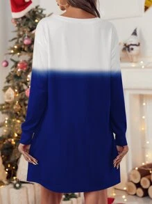 de color combinado con estampado de Navidad Vestido estilo camiseta sin Sombrero - azul real - Ver 2