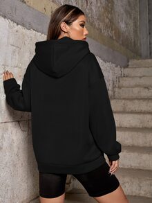 SHEIN EZwear Kangaroo Pocket Drop Shoulder Drawstring Hoodie - Black - View 2