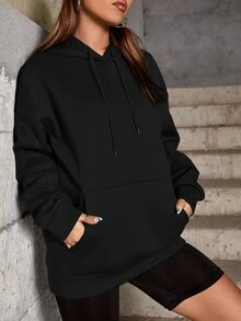 SHEIN EZwear Kangaroo Pocket Drop Shoulder Drawstring Hoodie - Black - View 4