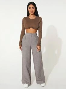 SHEIN PETITE High Waist Wide Leg Trousers - Grey - View 3
