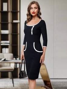 撞色滾邊前紐扣下擺開叉緊身連衣裙 - 黑色 - 查看 3