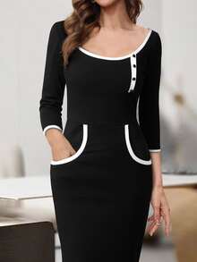 撞色滾邊前紐扣下擺開叉緊身連衣裙 - 黑色 - 查看 4