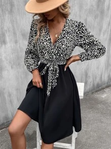 Leopard Print Lantern Sleeve Belted Dress - Black - View 1