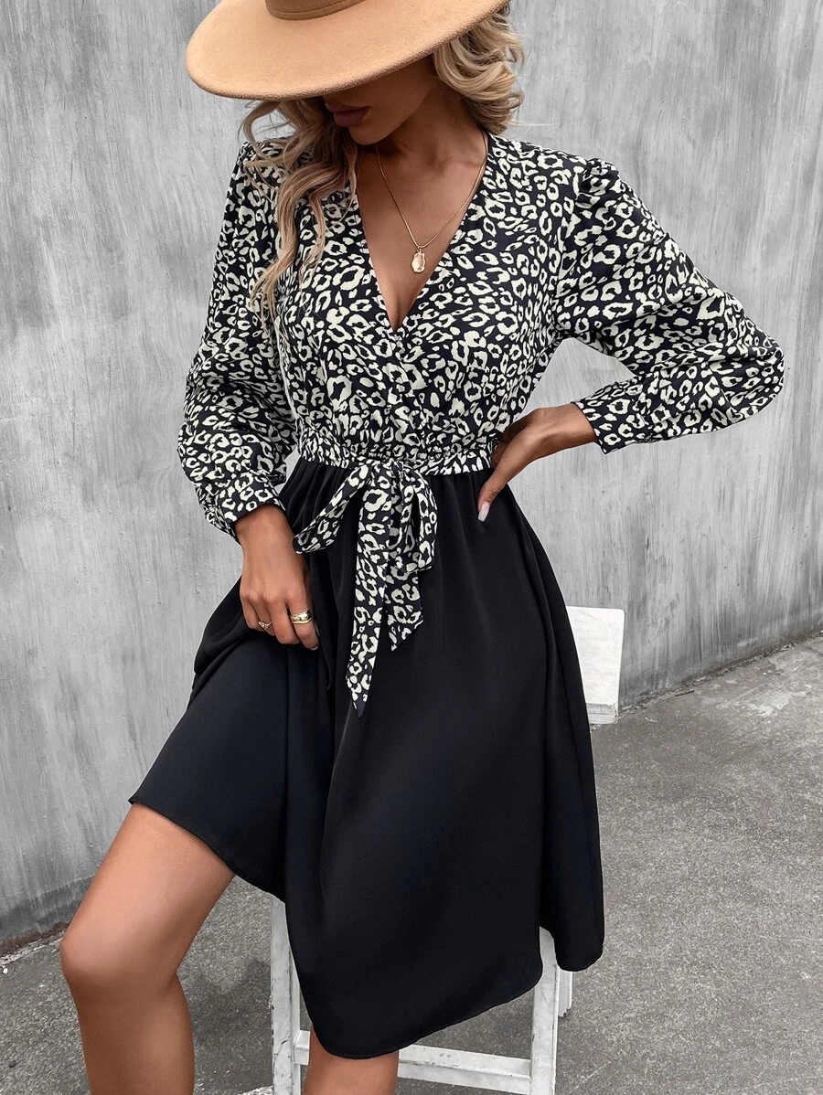 Leopard Print Lantern Sleeve Belted Dress - Black - View 1
