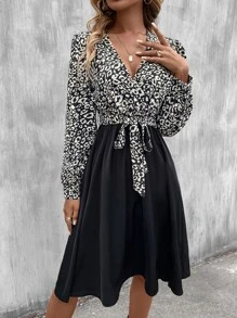 Leopard Print Lantern Sleeve Belted Dress - Black - View 3
