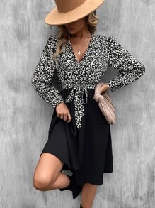 Leopard Print Lantern Sleeve Belted Dress - Black - View 4