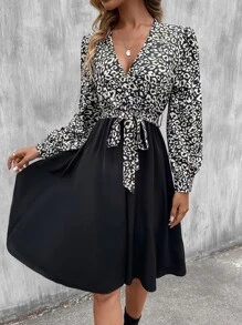 Leopard Print Lantern Sleeve Belted Dress - Black - View 5