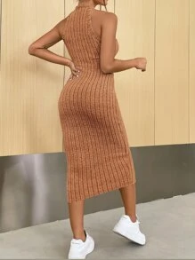 SHEIN Essnce Solid Halter Neck Bodycon Dress - Orange - View 2