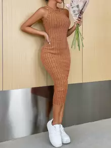 SHEIN Essnce Solid Halter Neck Bodycon Dress - Orange - View 3