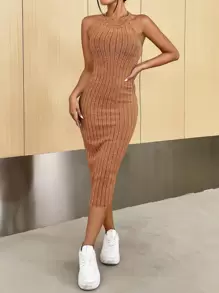 SHEIN Essnce Solid Halter Neck Bodycon Dress - Orange - View 5