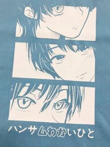 Manfinity Hypemode Men Japanese Character And Cartoon Graphic Thermal Lined Pullover Without Tee - Baby Blue - View 3