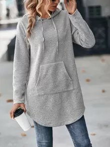 SHEIN LUNE Pocket Curved Hem Drawstring Hoodie, In Fall/Winter - Grey - View 1