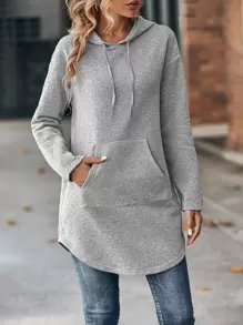 SHEIN LUNE Pocket Curved Hem Drawstring Hoodie, In Fall/Winter - Grey - View 5