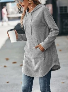 SHEIN LUNE Pocket Curved Hem Drawstring Hoodie, In Fall/Winter - Grey - View 6