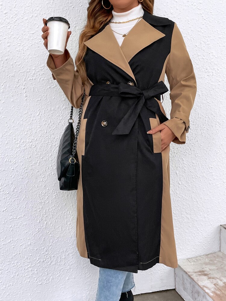 Celure Plus Two Tone Double Breasted Belted Trench Coat - Multicolor - View 3
