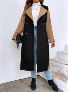 Celure Plus Two Tone Double Breasted Belted Trench Coat - Multicolor - View 4