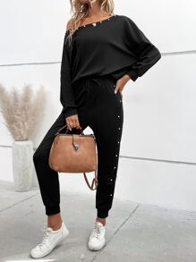 SHEIN LUNE 不對稱領落肩袖運動衫和腰部抽繩衛褲