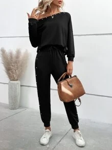 SHEIN LUNE 不對稱領落肩袖運動衫和腰部抽繩衛褲